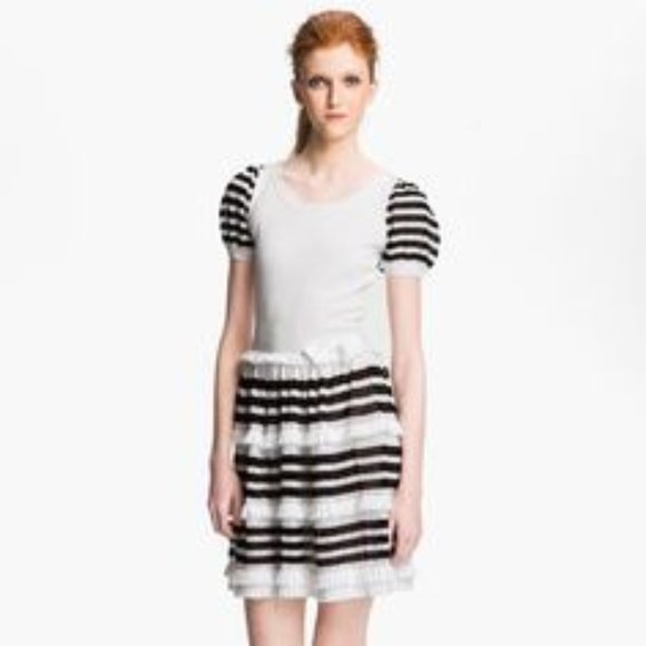 RED Valentino Dresses & Skirts - Valentino Black White Knit Crochet Dress Ruffle Bow Size Med